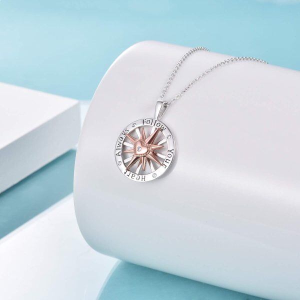 Sterling Silver Zircon Rhodium And Rose Gold Plated Compass Pendant Necklace-3