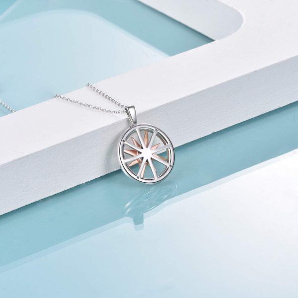 Sterling Silver Zircon Rhodium And Rose Gold Plated Compass Pendant Necklace-4