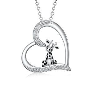 Sterling Silver Zircon Rhodium Plated Giraffe Necklace-0