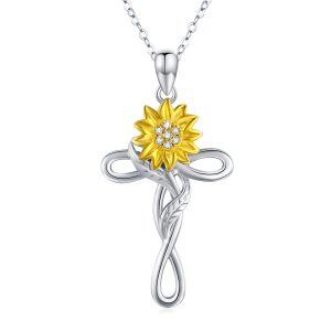 Sterling Silver Rhodium And Gold Plated Sunflower Cross Necklace-0