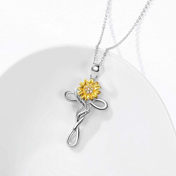 Sterling Silver Rhodium And Gold Plated Sunflower Cross Necklace-1