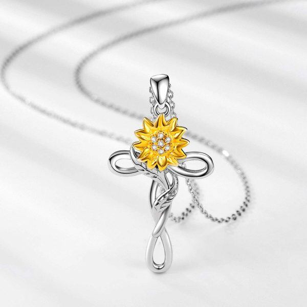 Sterling Silver Rhodium And Gold Plated Sunflower Cross Necklace-3