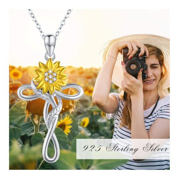 Sterling Silver Rhodium And Gold Plated Sunflower Cross Necklace-4