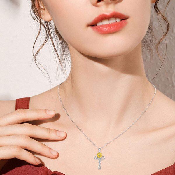 Sterling Silver Rhodium And Gold Plated Sunflower Cross Necklace-6