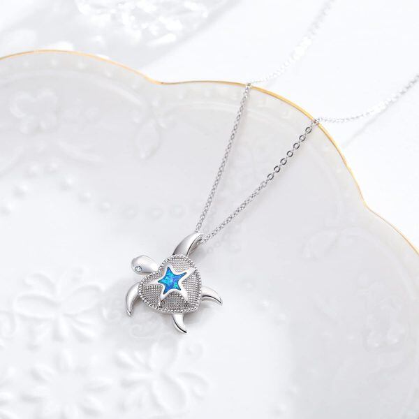 Sterling Silver Opal Rhodium Plated Turtle Necklace-1