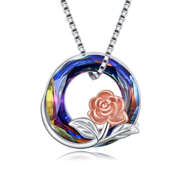 Sterling Silver Crystal Rhodium And Rose Plated Rose Flower Necklace-0