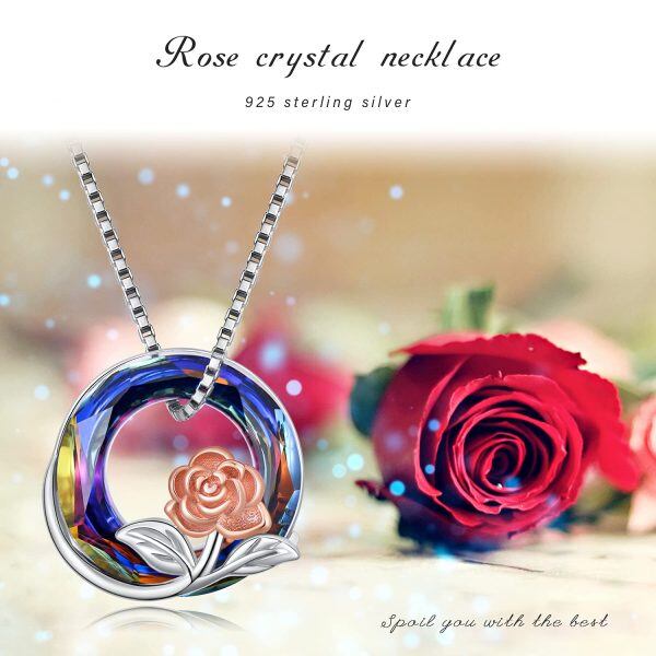 Sterling Silver Crystal Rhodium And Rose Plated Rose Flower Necklace-6