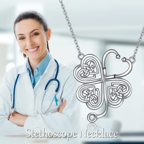 Sterling Silver Zircon Rhodium Plated Stethoscope Necklace-5