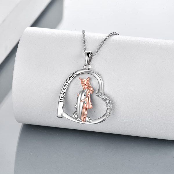 Sterling Silver Zircon Rhodium And Rose Plated Dolphin And Girl Necklace-1