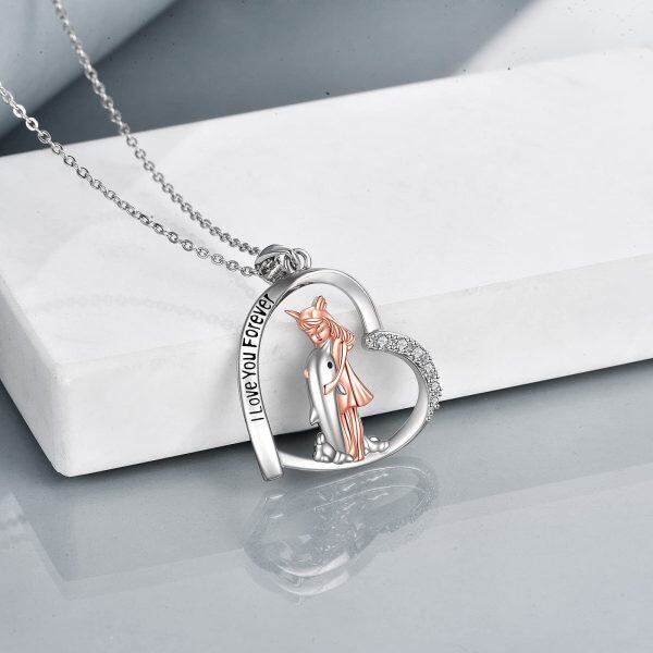 Sterling Silver Zircon Rhodium And Rose Plated Dolphin And Girl Necklace-2