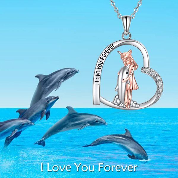 Sterling Silver Zircon Rhodium And Rose Plated Dolphin And Girl Necklace-4