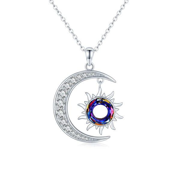 Sterling Silver Zircon Rhodium Plated Sun And Moon Necklace-0