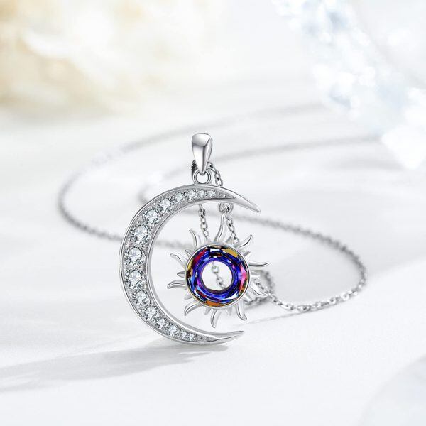 Sterling Silver Zircon Rhodium Plated Sun And Moon Necklace-3