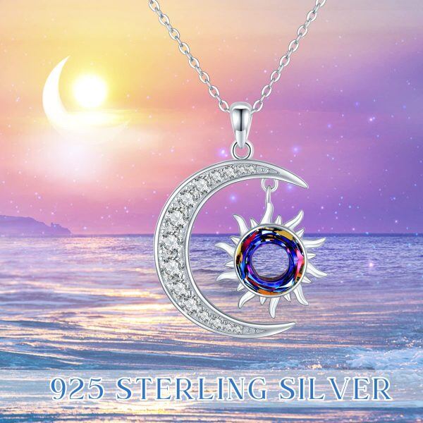 Sterling Silver Zircon Rhodium Plated Sun And Moon Necklace-5