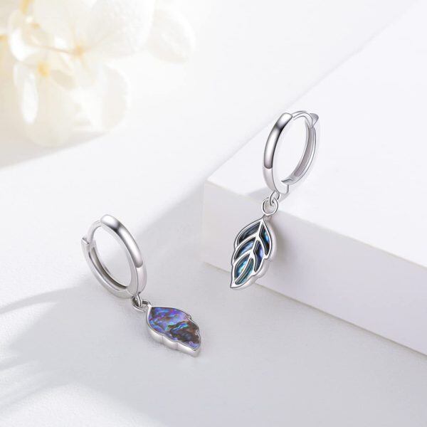 Sterling Silver Abalone Shell Rhodium Plated Leaf Earrings-5