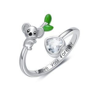 Sterling Silver Zircon Rhodium Plated Koala Ring-0