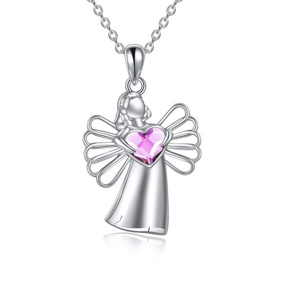 Sterling Silver Zircon Rhodium Plated Guardian Angel Necklace-0