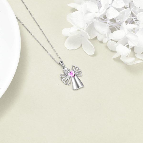 Sterling Silver Zircon Rhodium Plated Guardian Angel Necklace-4