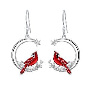 Sterling Silver Zircon Rhodium Plated Red Cardinal Earrings-0