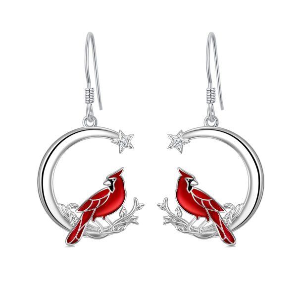 Sterling Silver Zircon Rhodium Plated Red Cardinal Earrings-0