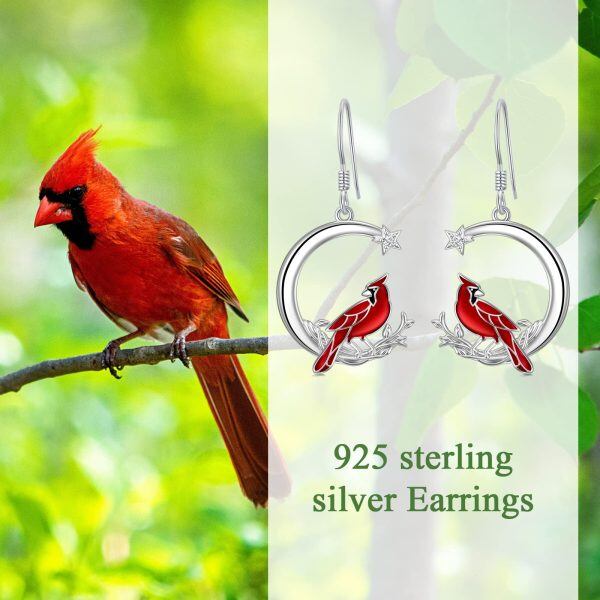 Sterling Silver Zircon Rhodium Plated Red Cardinal Earrings-1