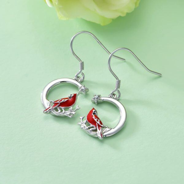 Sterling Silver Zircon Rhodium Plated Red Cardinal Earrings-3