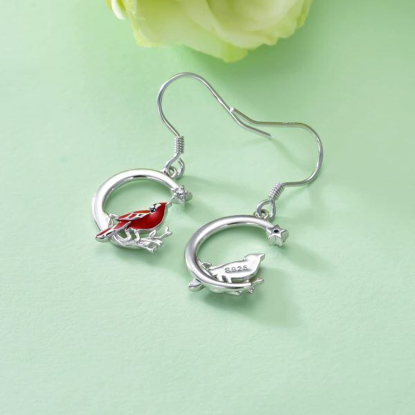 Sterling Silver Zircon Rhodium Plated Red Cardinal Earrings-4