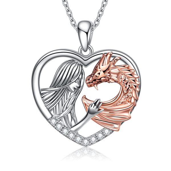 Sterling Silver Zircon Rhodium And Rose Gold Plated Girl And Dragon Necklace-0