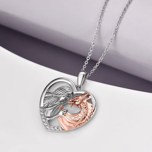 Sterling Silver Zircon Rhodium And Rose Gold Plated Girl And Dragon Necklace-2