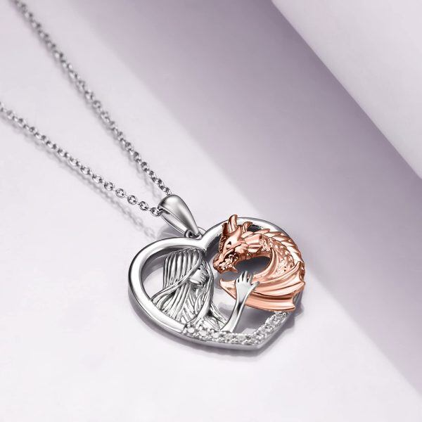 Sterling Silver Zircon Rhodium And Rose Gold Plated Girl And Dragon Necklace-3