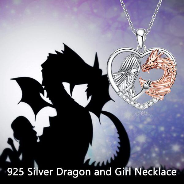 Sterling Silver Zircon Rhodium And Rose Gold Plated Girl And Dragon Necklace-5