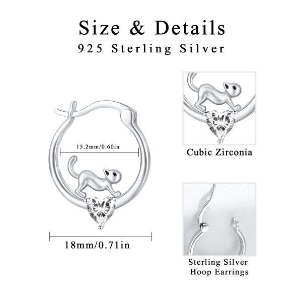 Sterling Silver Zircon Rhodium Plated Cat Hoop Earrings-5