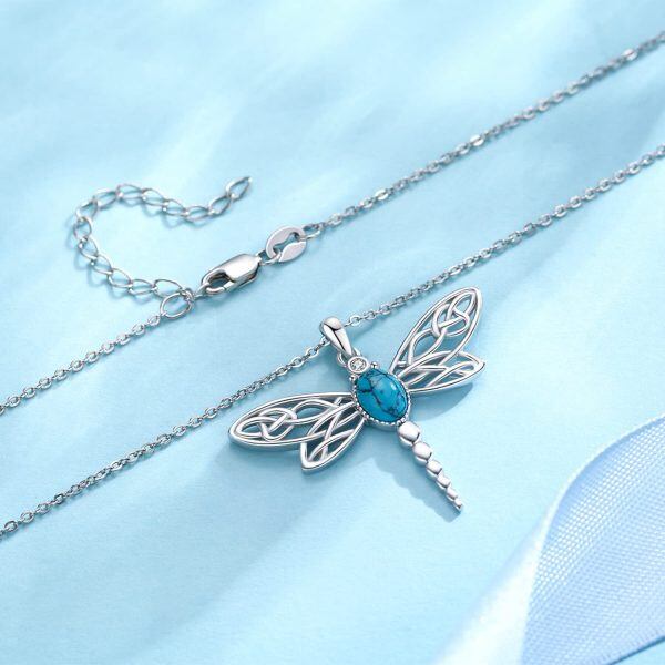 Sterling Silver Turquoise Rhodium Plated Dragonfly Necklace-5