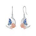 wholesale 925 Sterling Silver Moon & Flower Drop Earrings with Blue Enamel Butterfly Design - Gifts for Her-0-0