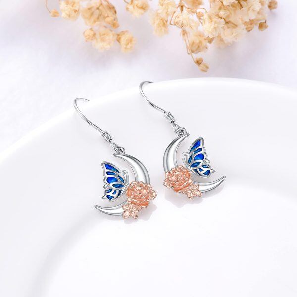 Sterling Silver Rhodium And Rose Gold Plated Butterfly Flower Earrings-4