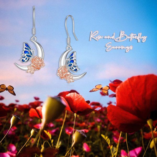 Sterling Silver Rhodium And Rose Gold Plated Butterfly Flower Earrings-5