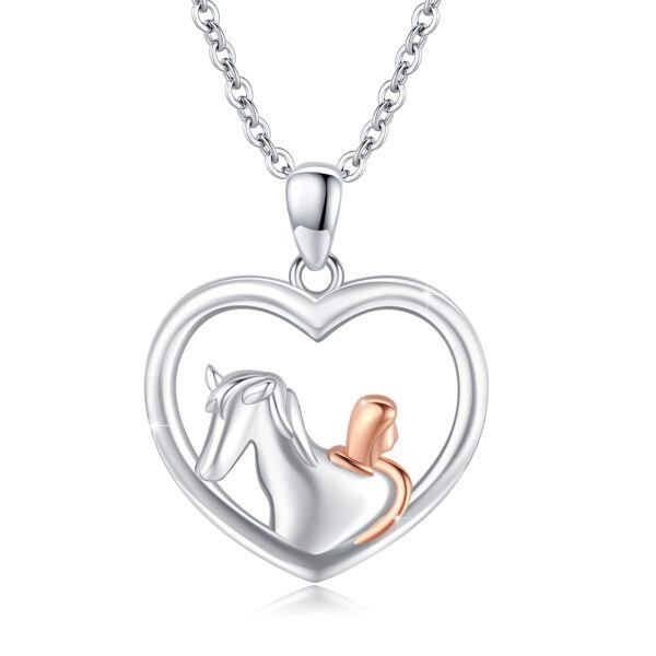 Sterling Silver Rhodium And Rose Gold Plated Horse And Girl Necklace-0