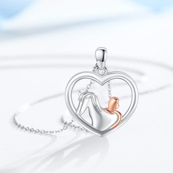 Sterling Silver Rhodium And Rose Gold Plated Horse And Girl Necklace-4