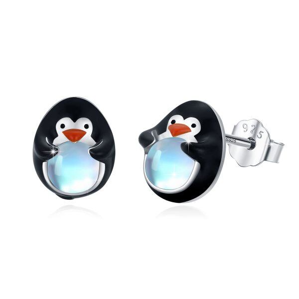 Sterling Silver Moonstone Rhodium Plated Penguin Earrings-0