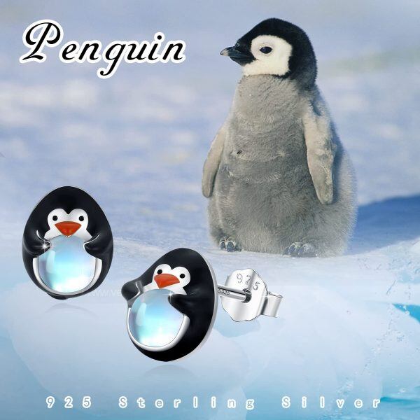 Sterling Silver Moonstone Rhodium Plated Penguin Earrings-3