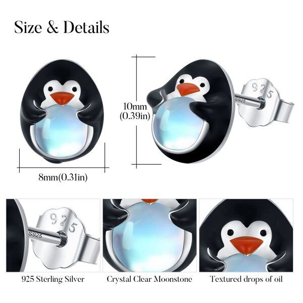 Sterling Silver Moonstone Rhodium Plated Penguin Earrings-4