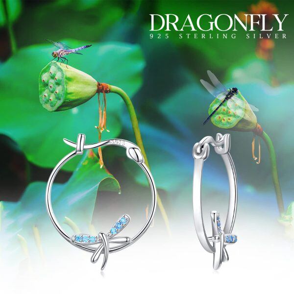 Sterling Silver Zircon Rhodium Plated Dragonfly Earrings-3