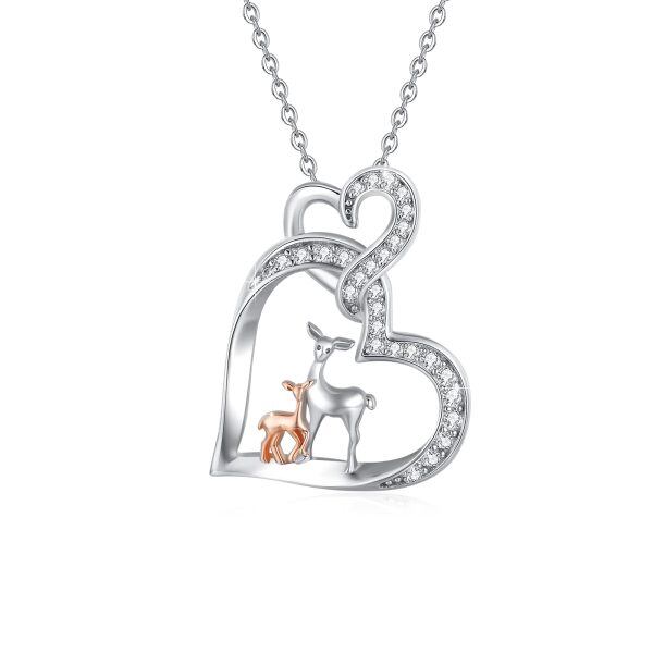 Sterling Silver Zircon Rhodium And Rose Gold Plated Deer Pendant Necklace-0