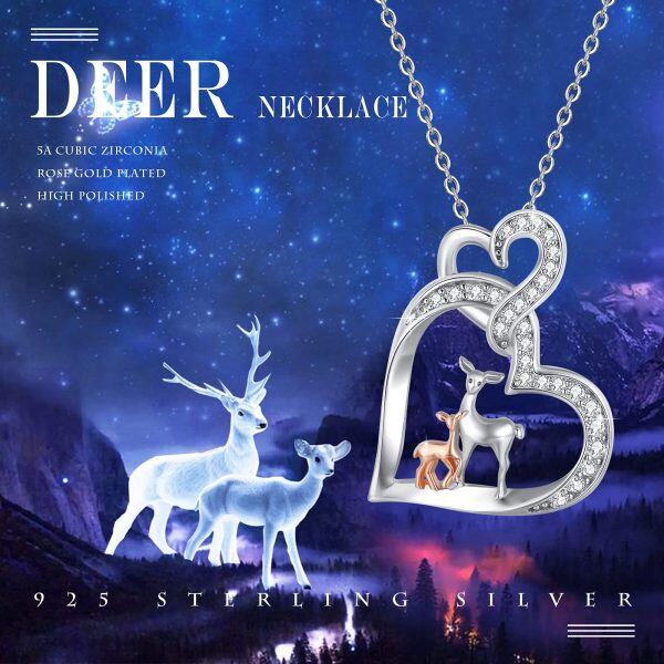 Sterling Silver Zircon Rhodium And Rose Gold Plated Deer Pendant Necklace-1