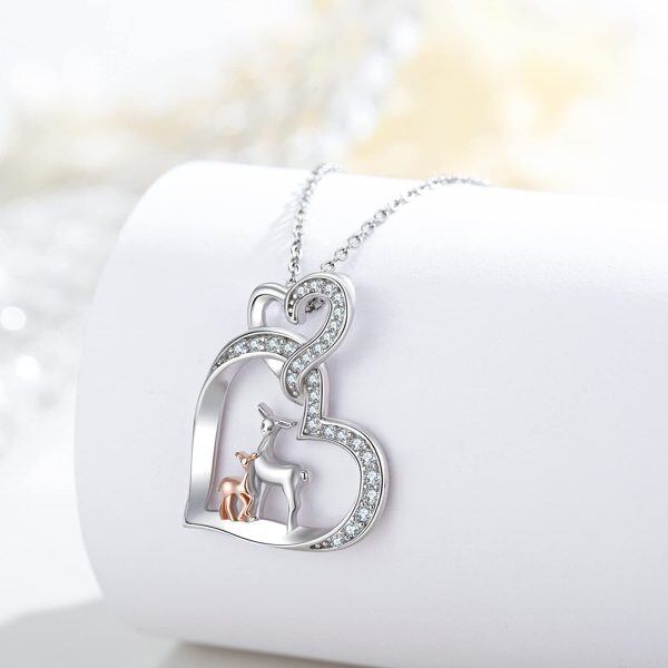 Sterling Silver Zircon Rhodium And Rose Gold Plated Deer Pendant Necklace-2