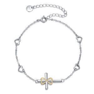 Sterling Silver Rhodium And Gold Plated Cross Bracelet-0