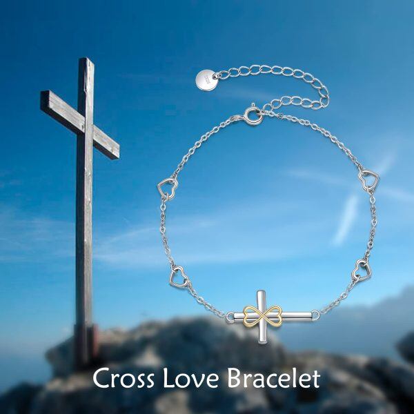 Sterling Silver Rhodium And Gold Plated Cross Bracelet-4