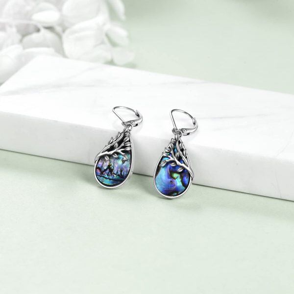 Sterling Silver Abalone Shell Rhodium Plated Tree Of Life Earrings-3