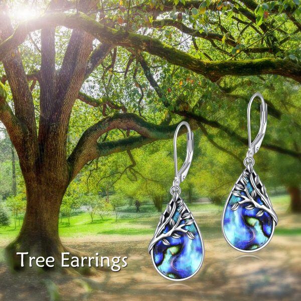 Sterling Silver Abalone Shell Rhodium Plated Tree Of Life Earrings-5