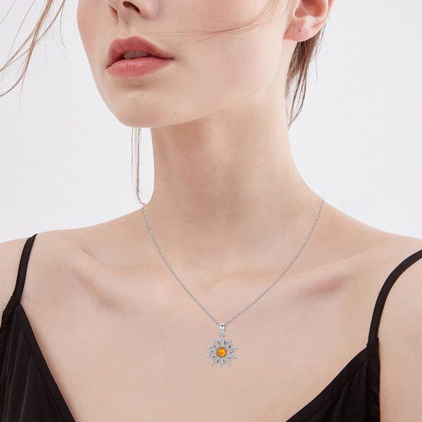 Sterling Silver Opal Rhodium Plated Sunflower Necklace-2